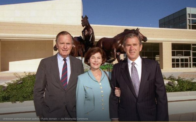 Former President Bush with son and daughter-in-law, Governor George W. and Laura Bush, at the George Bush Presidential Library Dedication in College Station, Texas — related to 9/11 Conspiracy Theories