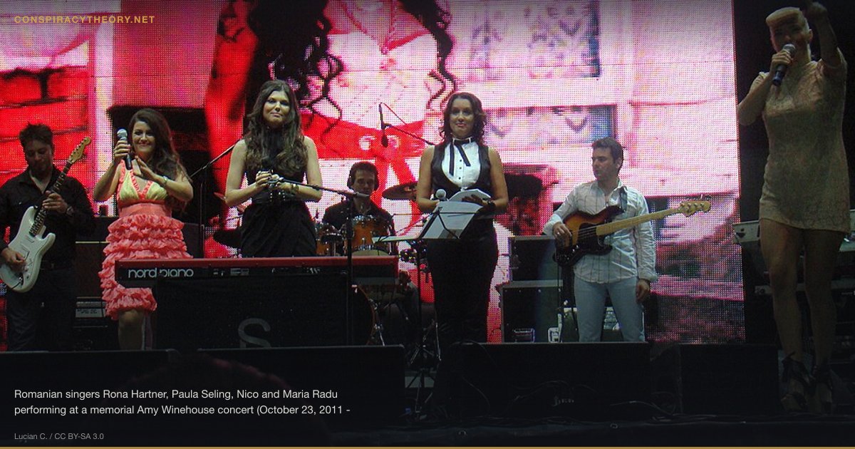 Amy Winehouse Was Murdered / Illuminati Sacrifice (2011-07) — Romanian singers Rona Hartner, Paula Seling, Nico and Maria Radu performing at a memorial Amy Winehouse concert (October 23, 2011 - Bucharest, Romania).