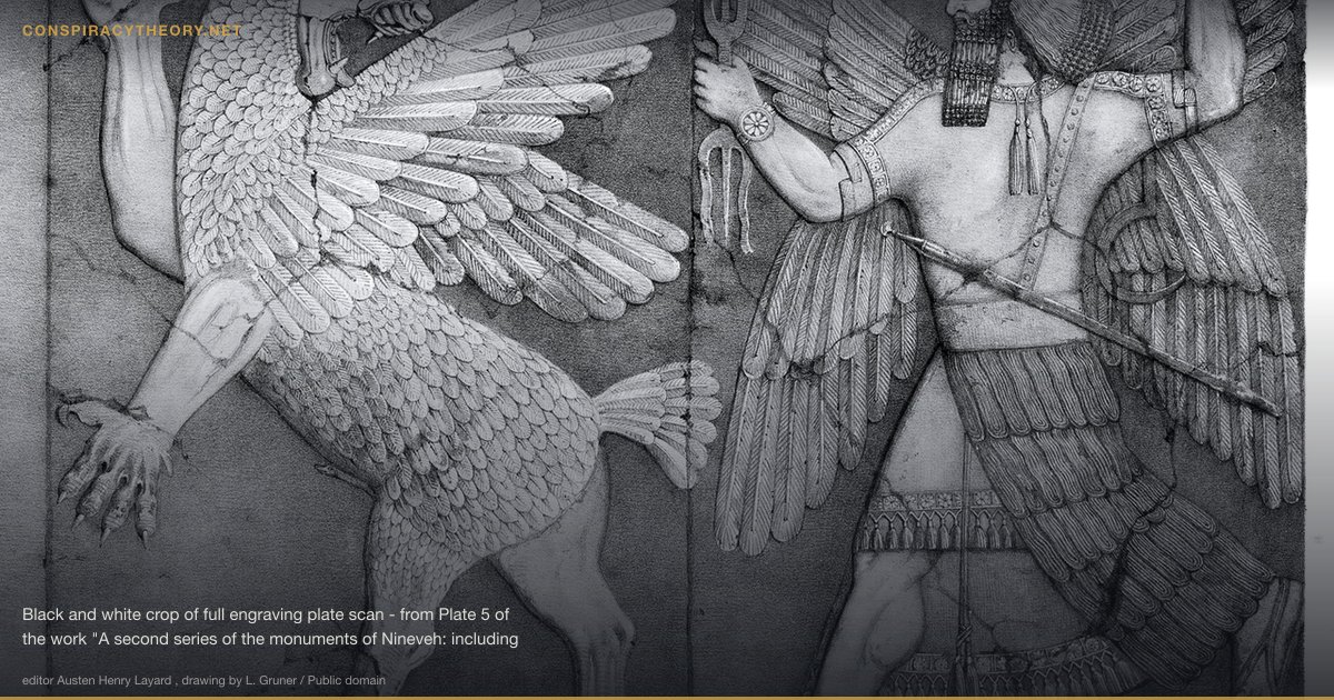 Anunnaki — Ancient Alien Gods of Sumer (1976) — Black and white crop of full engraving plate scan - from Plate 5 of the work "A second series of the monuments of Nineveh: including bas-reliefs from the Palace of Sennacherib and bronzes from the ruins of Nimroud ; from drawings made on the spot, during a second expedition to Assyria" (AH Layard). The image depicts Ninurta (on the right) battling Anzû. The description given in the text of the work of the plate reads: PLATE V BAS-RELIEFS AT AN ENTRANCE TO A SMALL TEMPLE (NIMROUD) Part of one side of the entrance near which stood the bas-relief of the King last described. The group is believed to represent the god to whom the temple was dedicated, driving out the evil spirit.† On the opposite side of the doorway the same figures were repeated. These bas-reliefs are now in the British Museum [..] † Ibid.. p.348 The plate description is on page 2 of the work. The image in the book is by Faucher-Gudin , an drawing based on the excavated Bas-Relief. The Bas-Relief was in not as good condition. Sources for the description an full plate include : http://digi.ub.uni-heidelberg.de/diglit/layard1853/0010/image http://www.etana.org/sites/default/files/coretexts/17171.pdf (no text) The reference in the text to "Ibid. p.348" is to Discoveries in the ruins of Nineveh and Babylon (Layard, 1853) - which can be seen here https://archive.org/stream/discoveriesinru00layagoog#page/n398/mode/2up quote (p.348-349): About thirty feet to the right, or north, of the lion gateway was a second entrance, at each side of which were two singular figures. One was that of a monster, whose head, of fanciful and hideous form, had long pointed ears and extended jaws, armed with huge teeth. Its body was covered with feathers, its fore-feet were those of a lion, its hind legs ended in the talons of an eagle, and it had spreading wings and the tail of a bird. Behind this strange image was a winged man, whose dress consisted of an upper garment with a skirt of skin or fur, an under robe fringed with tassels, and the sacred horned hat. A long sword was suspended from his shoulders by an embossed belt; sandals, armlets, and bracelets, completed his attire. He grasped in each hand an object in the form of a double trident, resembling the thunderbolt of the Greek Jove, which he was in the attitude of hurling against the monster, who turned furiously towards him. This group appears to represent the bad spirit driven out by a good deity; a fit subject for the entrance to a temple, dedicated to the god of war. The singular combination of forms by which the Assyrian sculptor portrayed the evil principle, so prominent an element in the Chaldæan, and afterwards in the Magian, religions system, cannot fail to strike the reader. There is also in the same work and illustration of the relief in situ in the temple (between p.350 and 351) Interpretation There are at least two interpretations of what the image is/was intended to represent. Some sources interpret the image as [Bel-Merodach] Marduk (with thunderbolt) fighting Tiamat eg History of Egypt, Chaldea, Syria, Babylonia, and Assyria Vol. 3 (Maspero, G.; Sayce, A. H.) , https://archive.org/stream/egypt03maspuoft#page/n28/mode/1up Some modern sources state this is probably Anzu and Ninurta. eg in Gods, Demons and Symbols of Ancient Mesopotamia: An Illustrated Dictionary? (Jeremy A. Black and Anthony Green ISBN: 978-0-292-70794-8) p.142 states as text to same image: "Ninurta or Adad pursues a leonine bird-monster, perhaps the Anzû or Asakku."; Schroer, Silvia (2018) (in German) Die Ikonographie Palastinas/Israels und der Alte Orient, Band 4: Die Eisenzeit bis zum Beginn der achämenidischen Herrschaft, Schwabe Verlag, pp. 611 : "Ein kriegerischer, geflügelter Sturmgott, vielleicht Ninurta, vertreibt mit blitzgabelförmigen Waffen den Anzu-Drachen, einen geflügelten Löwendrachen." A discussion of the development of the interpretation of this image can be found here http://oracc.museum.upenn.edu/nimrud/livesofobjects/anzu/index.html archived link Original Source The original gypsum wall carving from which the drawing was taken is now (2018) displayed in Room 6 of the British Museum. Details of the object can be found here: British Museum reference BM 124571 http://www.britishmuseum.org/research/collection_online/collection_object_details.aspx?objectId=367087&partId=1&searchText=relief&people=117843&page=1 http://www.britishmuseum.org/research/collection_online/collection_object_details.aspx?objectId=367087&partId=1&searchText=relief&people=117843&page=2 The actual object also has a cuneiform inscription across the (approx.) middle third, not reproduced in the drawing. The texts is thought to be a "boilerplate" text used throughout the palace/temple on several reliefs - for more details and translation of a presumed nearly identical text see Assyrian Rulers of the Early First Millennium BC, I (1114-859 BC) vol. 1, (Grayson, Albert Kirk,Toronto, University of Toronto Press, 1991) p.232 no.5 (entry A.0.101.5) which references entry A.0.101.3 ; there were also inscriptions on the backs of the slabs - see same publication reference A.0.101.31 (no.31, p.293) .. the inscriptions reference Ashurnasirpal [II] son of Tukulti-Ninurta [II] - which dates the objects to 883 to 859 BC. (see en:Ashurnasirpal II) Note that the object was one of a pair on either side of the passage - [based on the drawing by Malan] the object's pair was left-right inverted so that the portrayals matched - a drawing of the object's pair by S.C. Malan partially in-situ at the excavation can be found in A Visiting Artist at Nineveh in 1850 (C. J. Gadd) in the journal "Iraq" vol.5, 1938 , DOI: 10.2307/4241628 , [1] , description p.120 no. 134, illus. plate XV