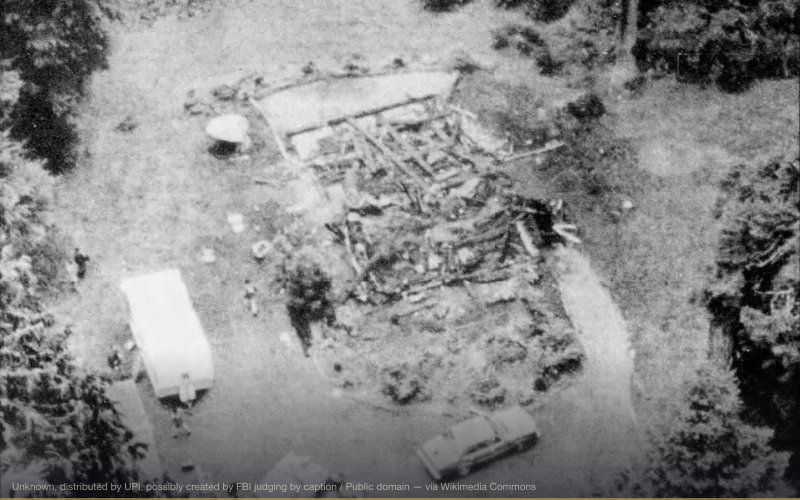The house where Robert Jay Mathews hid out, burnt to rubble — related to Aryan Nations — Hayden Lake White Supremacist Compound