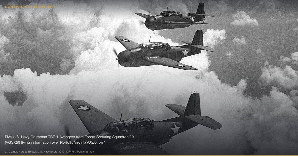 Flight 19 -- The Bermuda Triangle's Founding Case (1945) — Five U.S. Navy Grumman TBF-1 Avengers from Escort Scouting Squadron 29 (VGS-29) flying in formation over Norfolk, Virginia (USA), on 1 September 1942. VGS-29 was established on 20 May 1942. It was redesignated Composite Squadron 29 (VC-29) on 1 March 1943 and Torpedo Squadron 29 (VT-29) on 1 December 1944. The squadron was disestablished on 1 August 1945.
