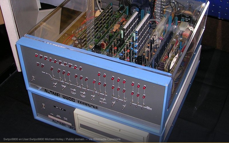 Altair 8800 Computer with 8 inch floppy disk system. Circuit boards - left to right Seals 8K Static RAM board MITS floppy disk controller (2 board set) MITS floppy disk controller MITS 16K Dynamic RAM board MITS 16K Dynamic RAM board MITS SIO-2 Dual serial port board Solid State Music PROM board MITS 8080 CPU board Photo taken at the Vintage Computer Festival 7.0 held at the Computer History Museum, Mountain View California. November 6-7, 2004 [1] This was one of Altair systems exhibited by Erik Klein [2] Photo by Michael Holley, November 7, 2004 Nikon E3200 with on camera flash. Touched up in Adobe Photoshop Elements 3.0. — related to Bill Gates Global Health Conspiracy