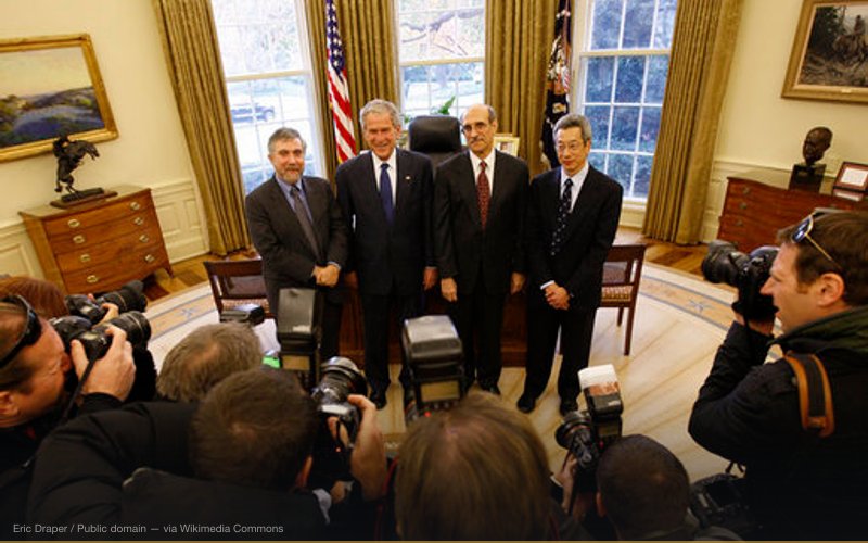 President George W. Bush poses for a photo with Nobel Prize winners Monday, Nov. 24, 2008, in the Oval Office. Joining President Bush from left are, Dr. Paul Krugman, Economics Prize Laureate; Dr. Martin Chalfie, Chemistry Prize Laureate; and Dr. Roger Tsien, Chemistry Prize Laureate. — related to Bitcoin Mining Energy Use — Deliberate Grid Attack