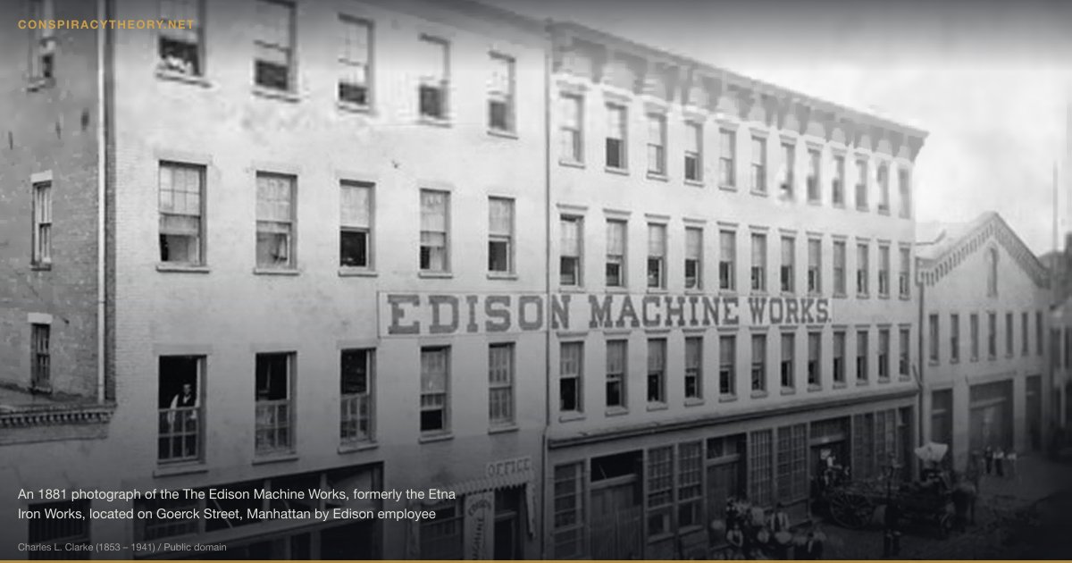 The Black Knight Satellite (1998) — An 1881 photograph of the The Edison Machine Works, formerly the Etna Iron Works, located on Goerck Street, Manhattan by Edison employee Charles L. Clarke. The Edison Machine Works was a manufacturing company set up to produce dynamos, large electric motors, and other components of the electrical illumination system being built by Thomas A. Edison in New York City in the 1880s. This section of Manhattan's Lower East Side was cleared in the 1950s to make way for the large Baruch Houses project so the building and Goerck Street itself no longer exists.
