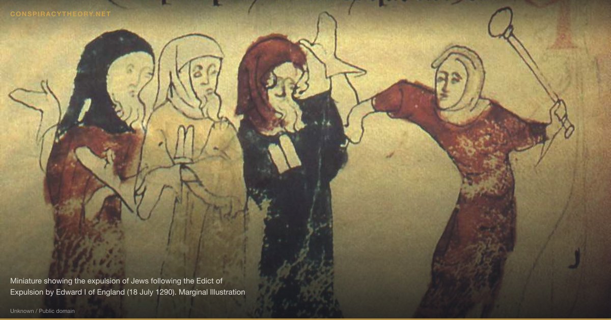 Blood Libel — Jews Killing Children for Rituals (1144) — Miniature showing the expulsion of Jews following the Edict of Expulsion by Edward I of England (18 July 1290). Marginal Illustration from the Rochester Chronicle (British Library, Cotton Nero D. II.), folio 183v. https://blogs.bl.uk/asian-and-african/2020/07/anglo-jewish-deeds-from-medieval-england-a-treasure-trove-for-historians.html fr. Sur l'illustration, les Juifs arborent la tabula en forme de Tables de la Loi imposée par Henry III d'Angleterre pour les discriminer, dès 1253. Henri III avait précédemment fait construire le Domus Conversorum à Londres en 1232 pour pousser à la conversion des Juifs au christianisme et ses efforts s'intensifièrent après 1239, quand il ruina la communauté juive par des amendes exorbitantes puis fit exécuter des Juifs pour meurtre rituel en 1255 à Lincoln ; près de 10 % des Juifs d'Angleterre s'étaient convertis à la fin des années 1250.