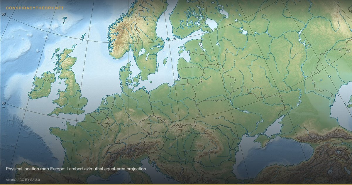 Bosnian Pyramids — Mainstream Archaeology Cover-Up (2005) — Physical location map Europe; Lambert azimuthal equal-area projection
