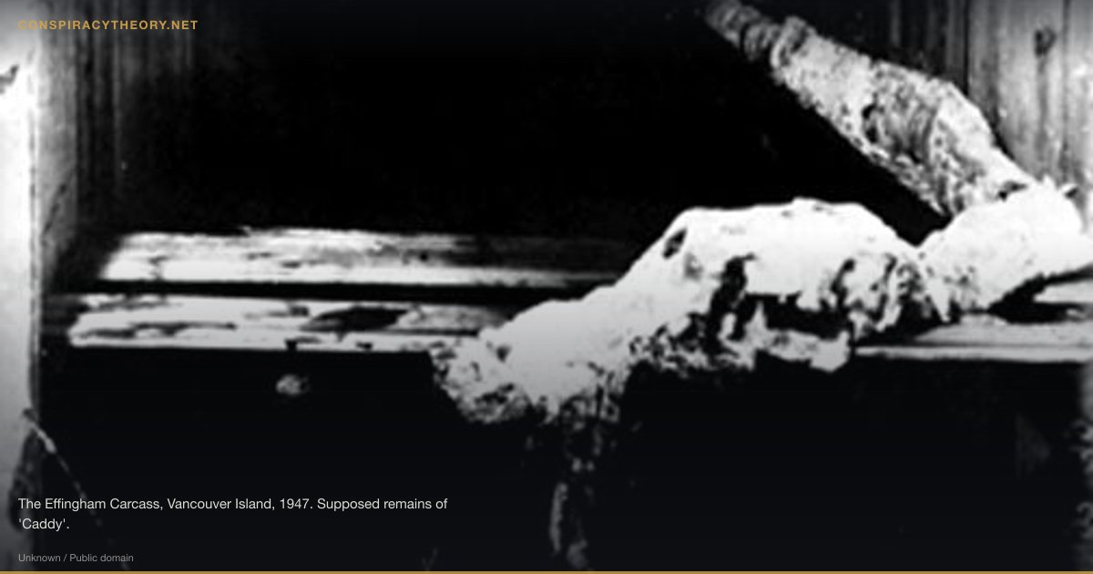 Cadborosaurus — Pacific Coast Sea Serpent (1933) — The Effingham Carcass, Vancouver Island, 1947. Supposed remains of 'Caddy'.