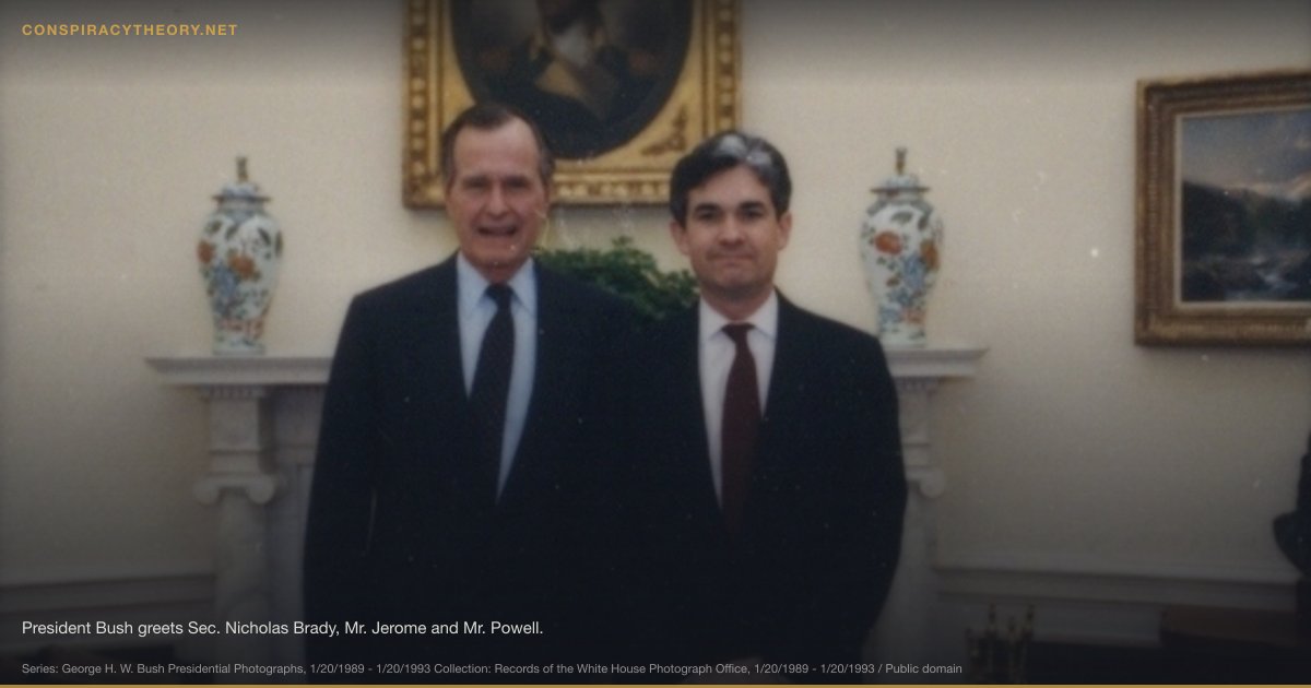 CBDC / Digital Dollar Surveillance Control (2020) — President Bush greets Sec. Nicholas Brady, Mr. Jerome and Mr. Powell.