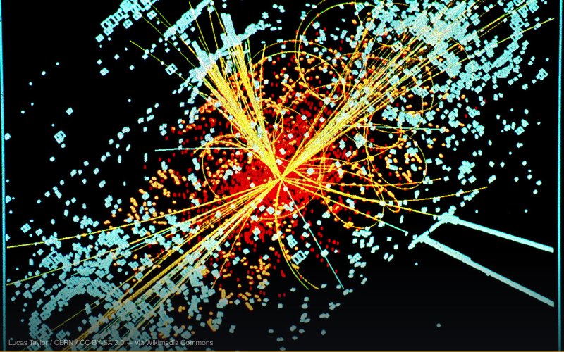 An example of simulated data modeled for the CMS particle detector on the Large Hadron Collider (LHC) at CERN. Here, following a collision of two protons, a Higgs boson is produced which decays into two jets of hadrons and two electrons. The lines represent the possible paths of particles produced by the proton-proton collision in the detector while the energy these particles deposit is shown in blue. More CMS events at CMS Media — related to CERN Large Hadron Collider Conspiracy