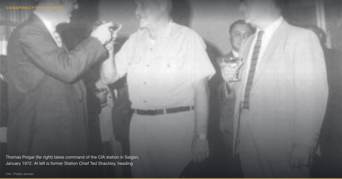 CIA Drug Trafficking (1955) — Thomas Polgar (far right) takes command of the CIA station in Saigon, January 1972. At left is former Station Chief Ted Shackley, heading back to a new assignment in Washington. In the middle is General Creighton Abrams, head of the Military Assistance Command Vietnam (MACV)