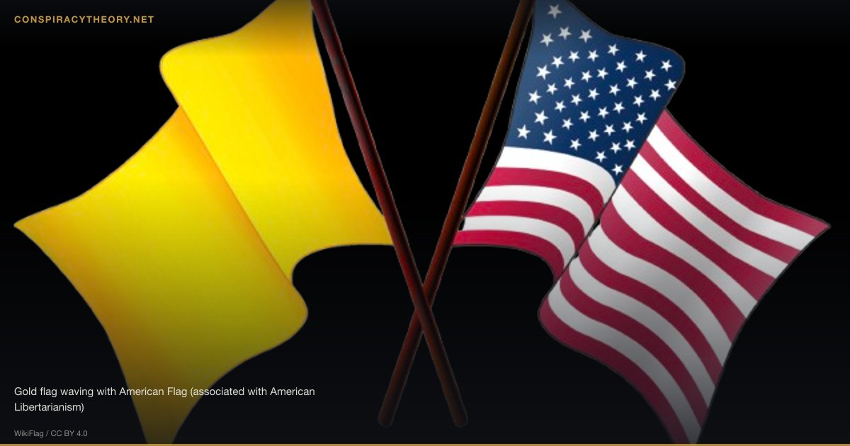 Fluoride as Communist Plot (1950) — Gold flag waving with American Flag (associated with American Libertarianism)