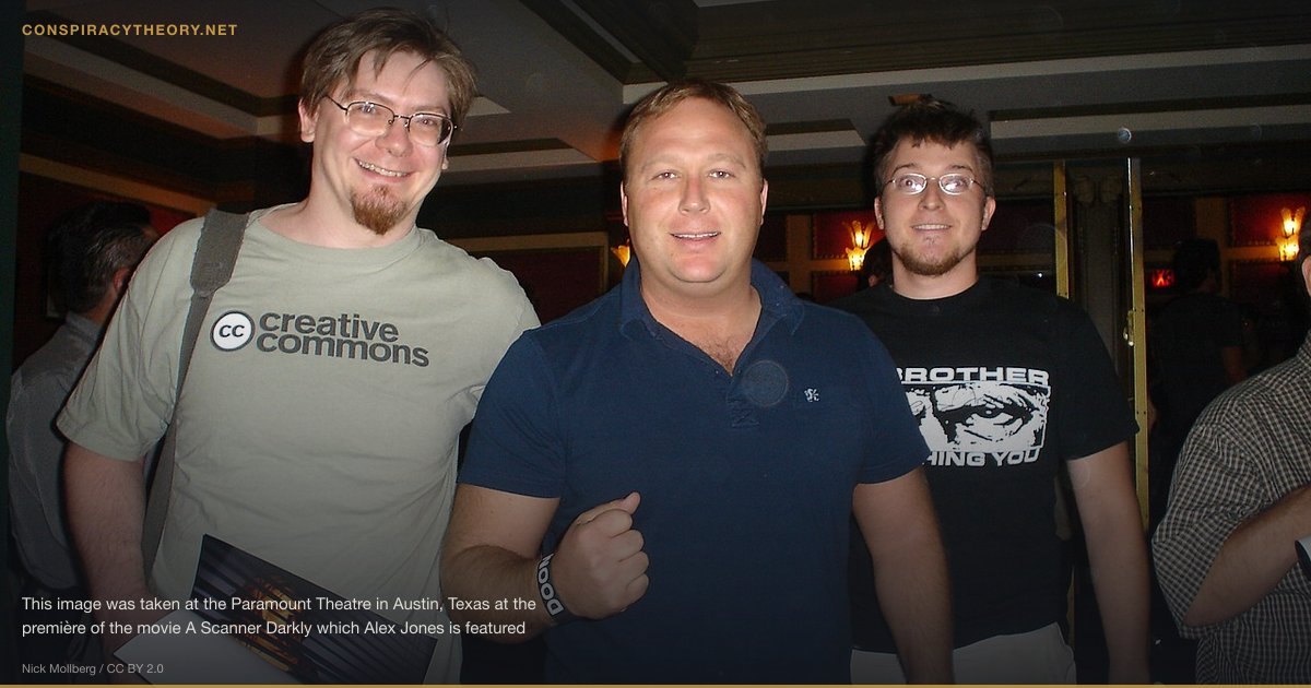 Crisis Actors Conspiracy Theory (2012) — This image was taken at the Paramount Theatre in Austin, Texas at the première of the movie A Scanner Darkly which Alex Jones is featured in. Pictured in this image from left to right are an anonymous filmgoer, Alex Jones, and the author of this image.