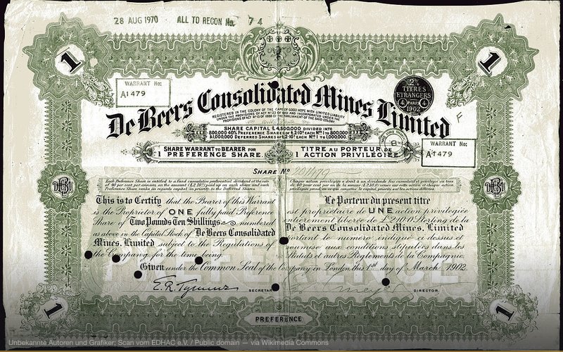 Preference Share of the De Beers Consolidated Mines Ltd., issued 1. March 1902 — related to Diamond Resale Value Myth / Engineered Illiquidity