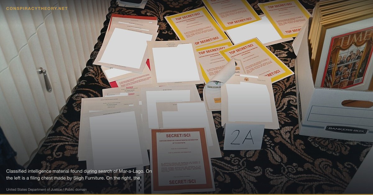 Election Denial / Stop the Steal Movement (2020) — Classified intelligence material found during search of Mar-a-Lago. On the left is a filing chest made by Sligh Furniture. On the right, the cover of the March 4, 2019 Time magazine.