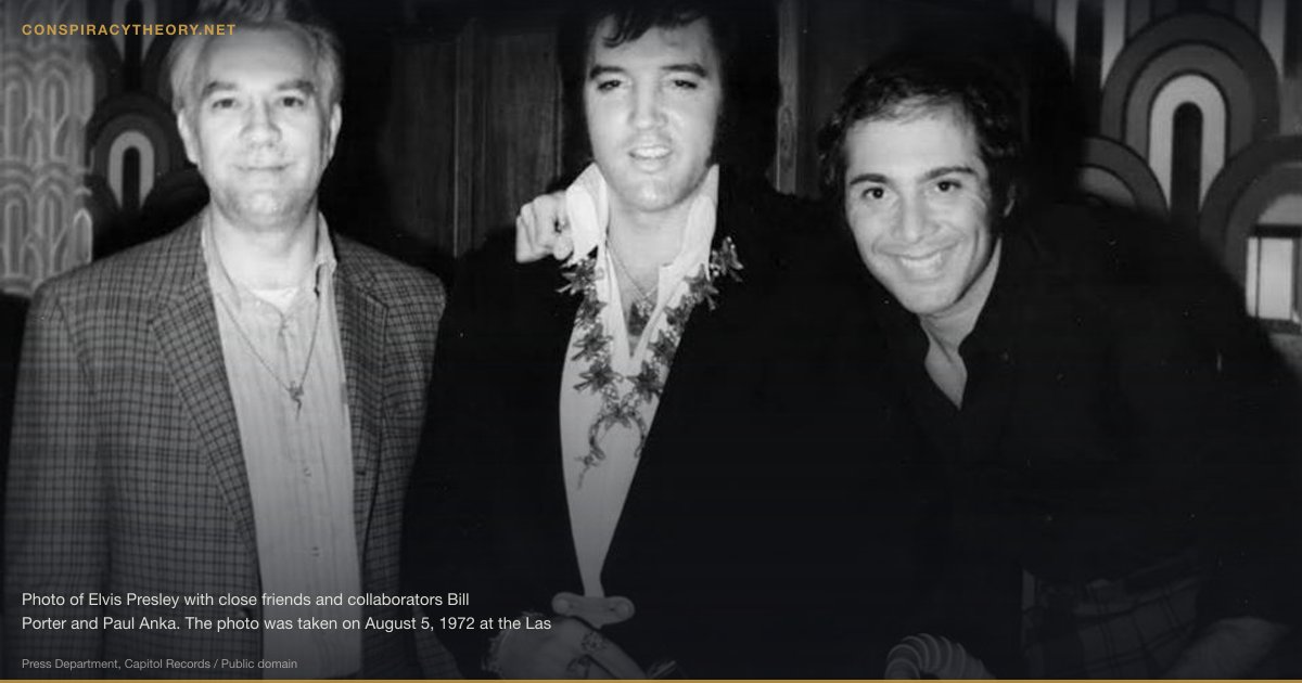 Elvis Presley Is Still Alive (1977) — Photo of Elvis Presley with close friends and collaborators Bill Porter and Paul Anka. The photo was taken on August 5, 1972 at the Las Vegas Hilton. Bill Porter was a Nashville sound engineer who worked on many of Presley's recordings in the 1960s.