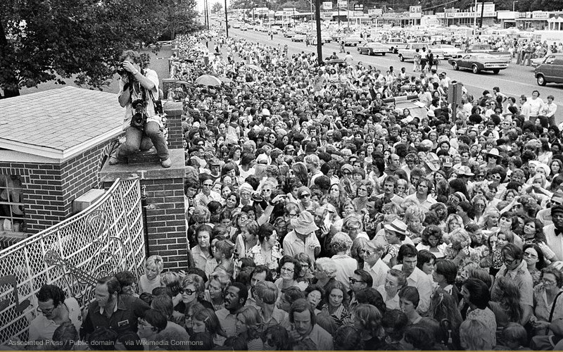 Hundreds gather outside Graceland in Memphis, to see Elvis Presley's body. — related to Celebrity Faked Death Theories (Overview)