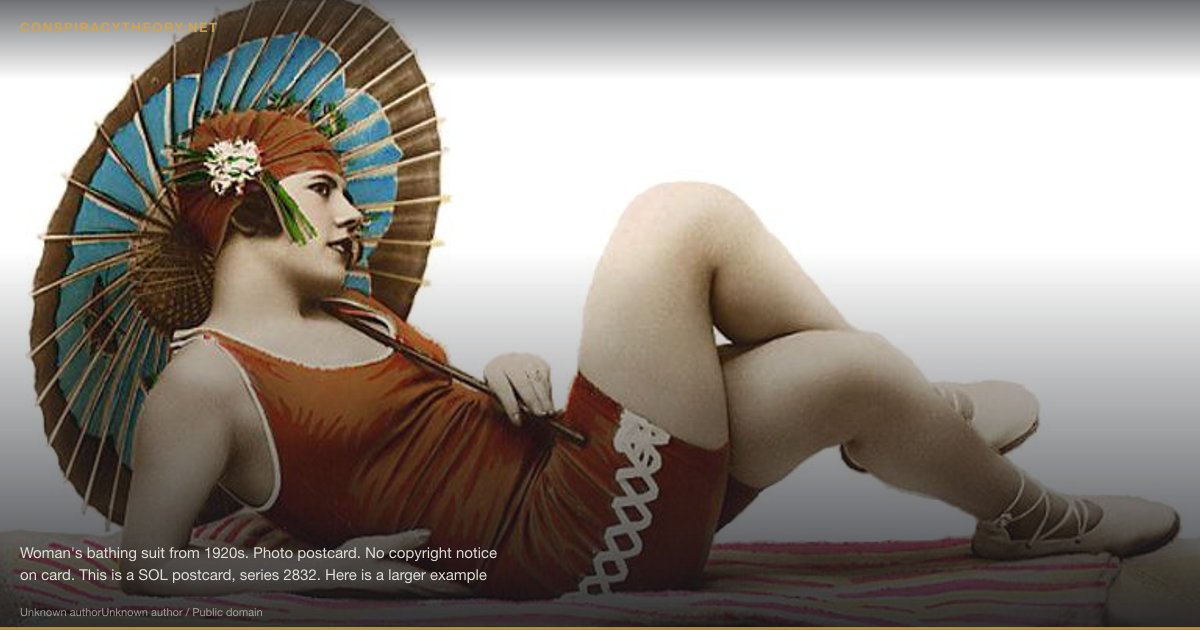 Fast Fashion / Engineered Disposability (1980) — Woman's bathing suit from 1920s. Photo postcard. No copyright notice on card. This is a SOL postcard, series 2832. Here is a larger example of the posted image.