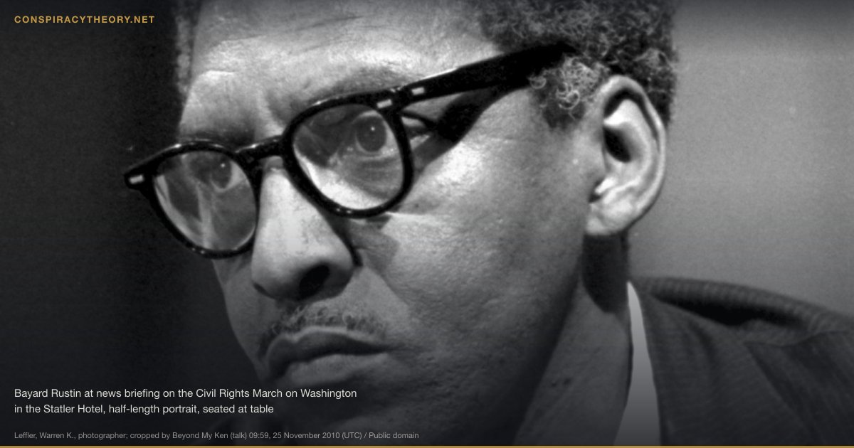 FBI Involvement in the Assassination of Martin Luther King Jr. (1968) — Bayard Rustin at news briefing on the Civil Rights March on Washington in the Statler Hotel, half-length portrait, seated at table