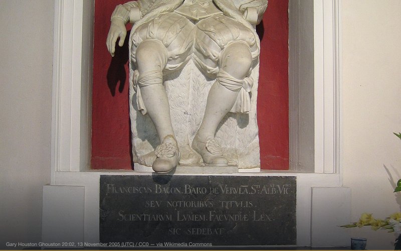 Memorial to Francis Bacon at his burial place, St Michael's church in St Albans, UK. The statue was commissioned after Bacon's death by his Secretary Sir Thomas Meautys. A copy can be found in the chapel at Trinity College, Cambridge, see http://en.wikipedia.org/wiki/Image:StatueOfFrancisBacon.jpg — related to Francis Bacon as the True Author of Shakespeare