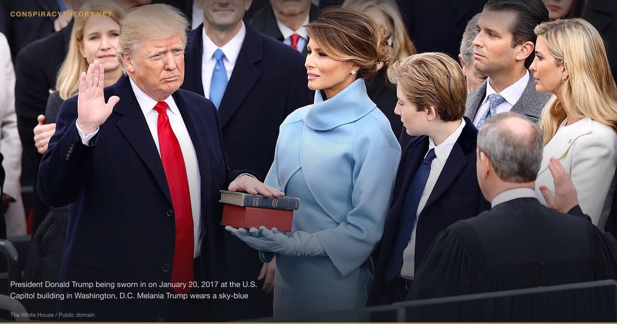 The Great Awakening — QAnon's Endgame (2017-10-28) — President Donald Trump being sworn in on January 20, 2017 at the U.S. Capitol building in Washington, D.C. Melania Trump wears a sky-blue cashmere Ralph Lauren ensemble. He holds his left hand on two versions of the Bible, one childhood Bible given to him by his mother, along with Abraham Lincoln’s Bible. Jonathan Adams (2017-01-20). Donald Trump’s Inauguration Bible: What Bible Is Donald Trump Using to Get Sworn in Today?. Heavy.com.