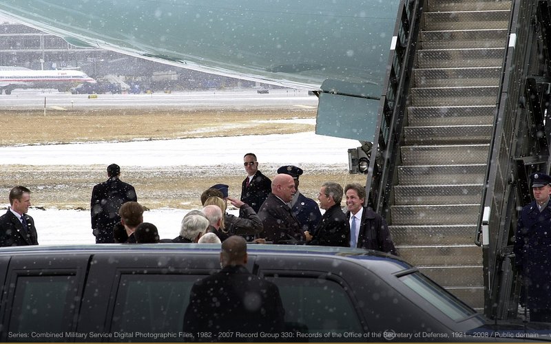 Governor Jesse Ventura welcomes US President George W. Bush and US Senate candidate Norm Coleman to Minnesota upon their arrival at Minneapolis St. Paul International Airport, 3/4/2002 — related to HAARP Weather & Mind Control