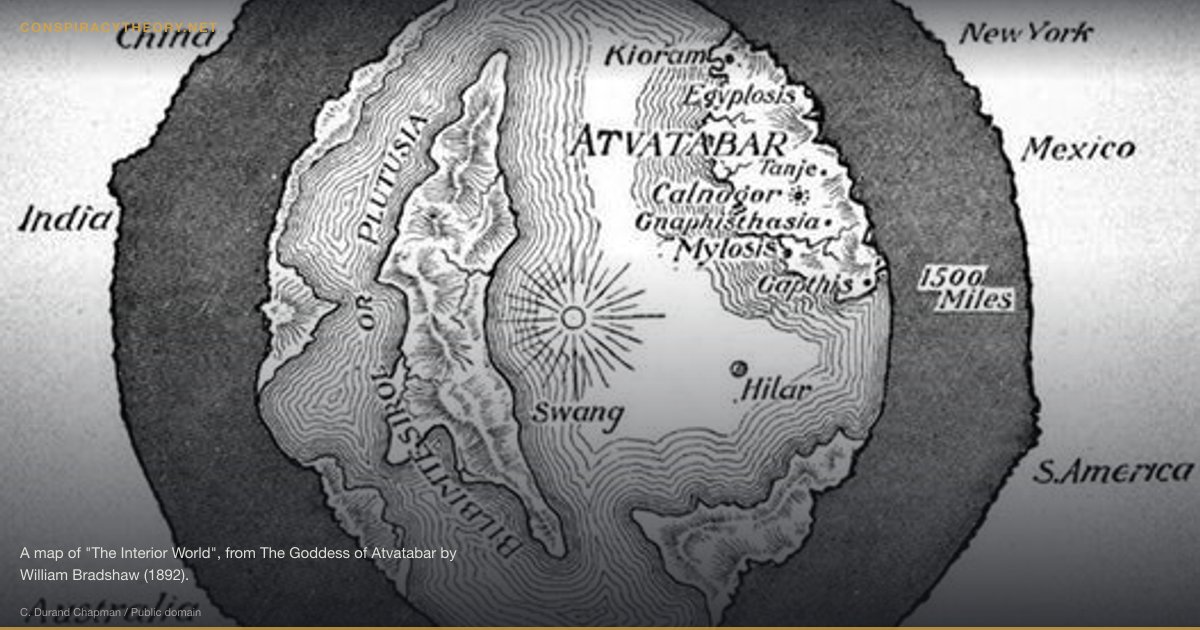 Hollow Earth — Advanced Inner Civilization (1692) — A map of "The Interior World", from The Goddess of Atvatabar by William Bradshaw (1892).