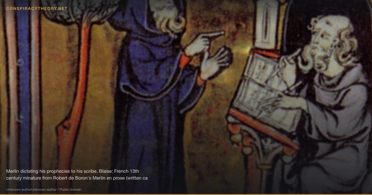 Physical Holy Grail — Chalice Location Theories (33) — Merlin dictating his prophecies to his scribe, Blaise; French 13th century minature from Robert de Boron's Merlin en prose (written ca 1200). (Manuscript illustration, c.1300.)[1]