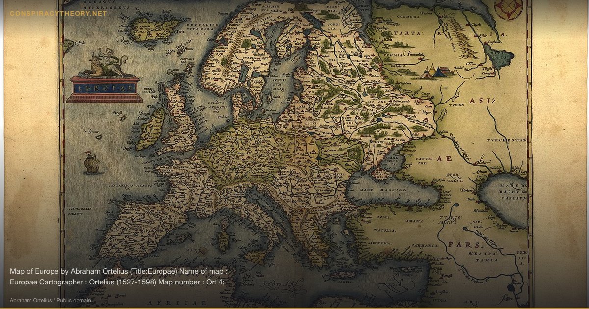 Hyperborea — Arctic Paradise / Lost Nordic Civilization (700 BCE) — Map of Europe by Abraham Ortelius (Title:Europae) Name of map : Europae Cartographer : Ortelius (1527-1598) Map number : Ort 4; (Koeman Atlantes Neerlandici III):5 Copy from edition: 1571 Latin; Page signature: 5 Estimated number of copies printed: 3025 Estimated number of loose copies in circulation: 165 Area displayed : Europe, Iceland, part of Greenland, North Africa, Western part of Middle East; Plate size : 347 x 469 mm; Paper size : 385 x 548 mm; Margins, left : 40 mm, right: 39 mm; upper : 35 mm, lower: 6 mm; Paper thickness and quality: very heavy and strong; Paper color : off white; Age of map color: later coloring, expertly executed