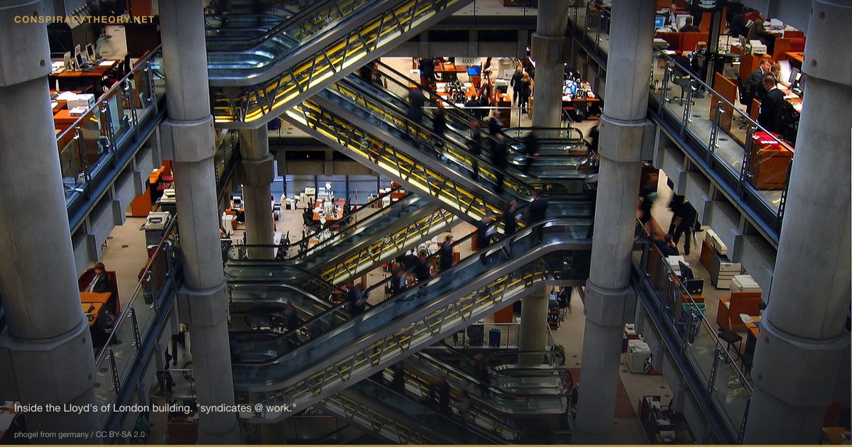 Insurance Industry Climate Risk Knowledge Cover-Up (1990) — Inside the Lloyd's of London building. "syndicates @ work."