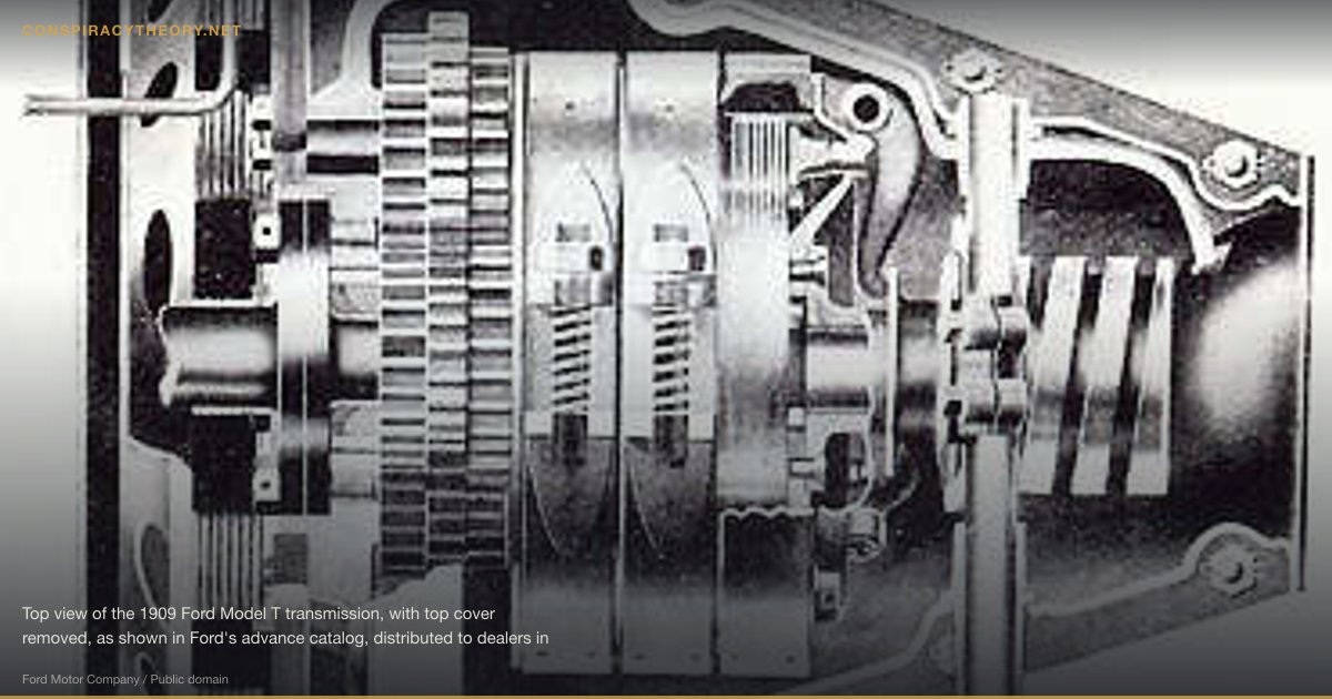 International Jewish Conspiracy (1903) — Top view of the 1909 Ford Model T transmission, with top cover removed, as shown in Ford's advance catalog, distributed to dealers in early 1908, which described the coming 1909 model year. The engine flywheel, with its integrated magneto, is on the left, the gear clutches are in the center, and the driveshaft is on the right side.