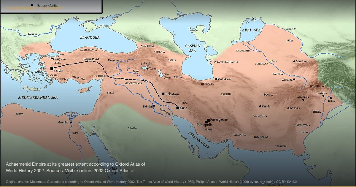 Iran-Contra Affair — Arms, Drugs & Cover-Up (1985) — Achaemenid Empire at its greatest extent according to Oxford Atlas of World History 2002. Sources: Visible online: 2002 Oxford Atlas of World History p.42 (West portion of the Achaemenid Empire) and p.43 (East portion of the Achaemenid Empire).(in English) (2002) Atlas of World History, Oxford University Press, pp. 42−43 ISBN: 9780195219210. Visible online: Philip's Atlas of World History (1999) The Times Atlas of World History, p.79 (1989)(in English) (1989) The Times Atlas of World History, Times Books, p. 79 ISBN: 9780723003041.