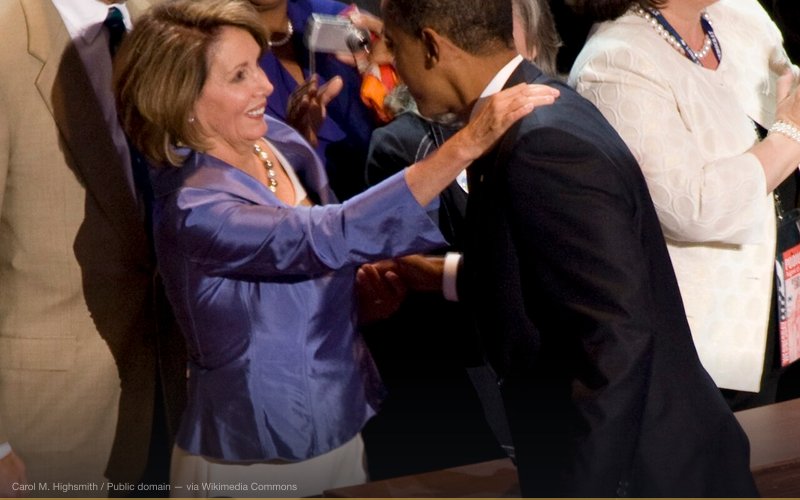 Vice-Presidential Candidate Joe Biden and Presidential candidate Barack Obama greet congressional leaders Nancy Pelosi and John Kerry at the Democratic National Convention, Denver, Colorado, August 25-28, 2008 — related to January 6 Capitol Attack — False Flag Theory