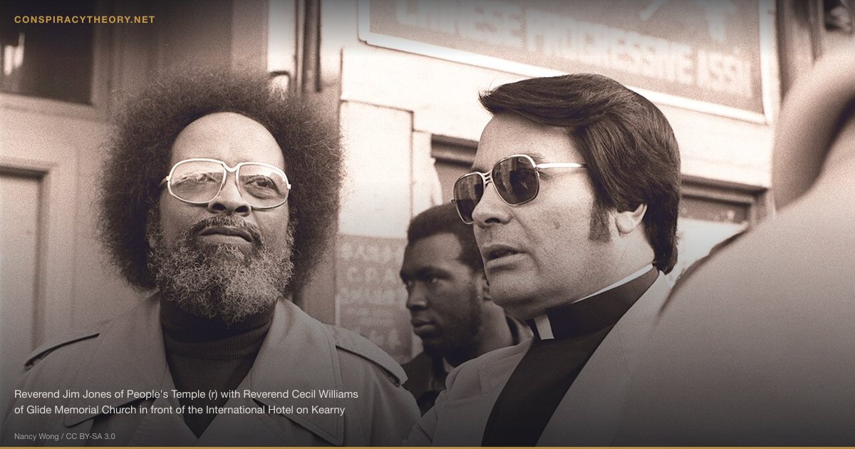 Jonestown and the Peoples Temple (1978) — Reverend Jim Jones of People's Temple (r) with Reverend Cecil Williams of Glide Memorial Church in front of the International Hotel on Kearny and Jackson Streets in San Francisco at a protest to prevent eviction of the hotel's tenants.