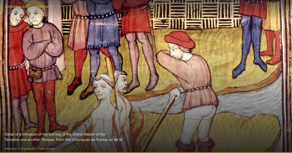 Knights Templar Origin of Freemasonry (1307) — Detail of a miniature of the burning of the Grand Master of the Templars and another Templar. From the Chroniques de France ou de St Denis, BL Royal MS 20 C vii f. 48r