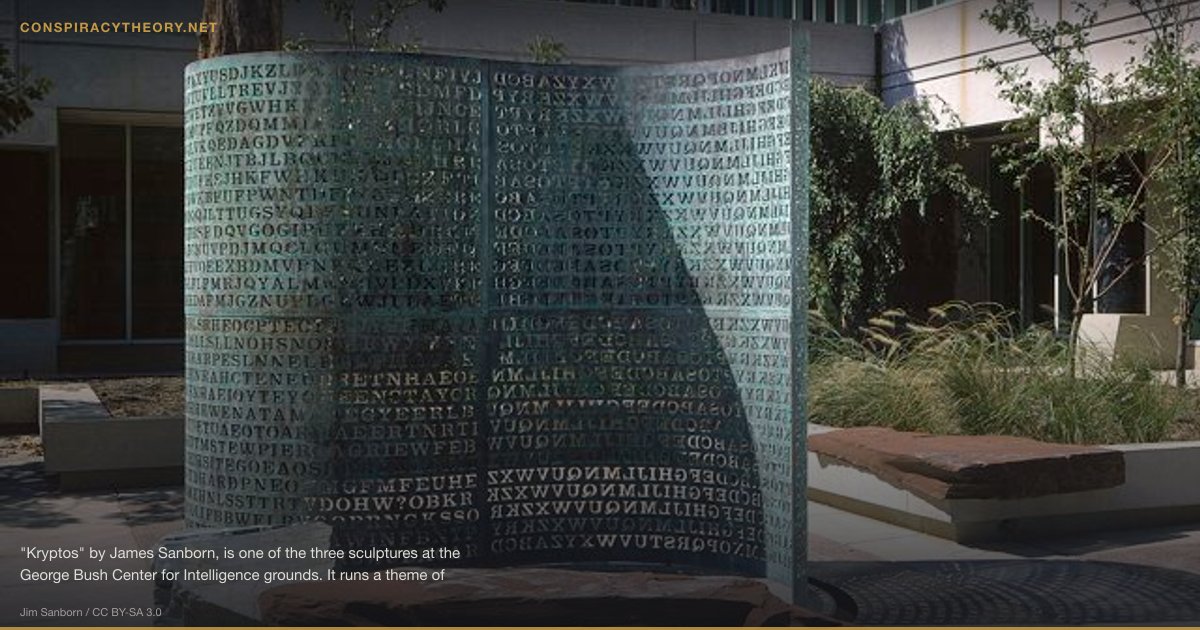 Kryptos: The CIA's Unsolved Sculpture (1990) — "Kryptos" by James Sanborn, is one of the three sculptures at the George Bush Center for Intelligence grounds. It runs a theme of information gathering and includes an encoded copper screen. Low-res image of the CIA's Kryptos sculpture, provided by the sculptor, w:Jim Sanborn.