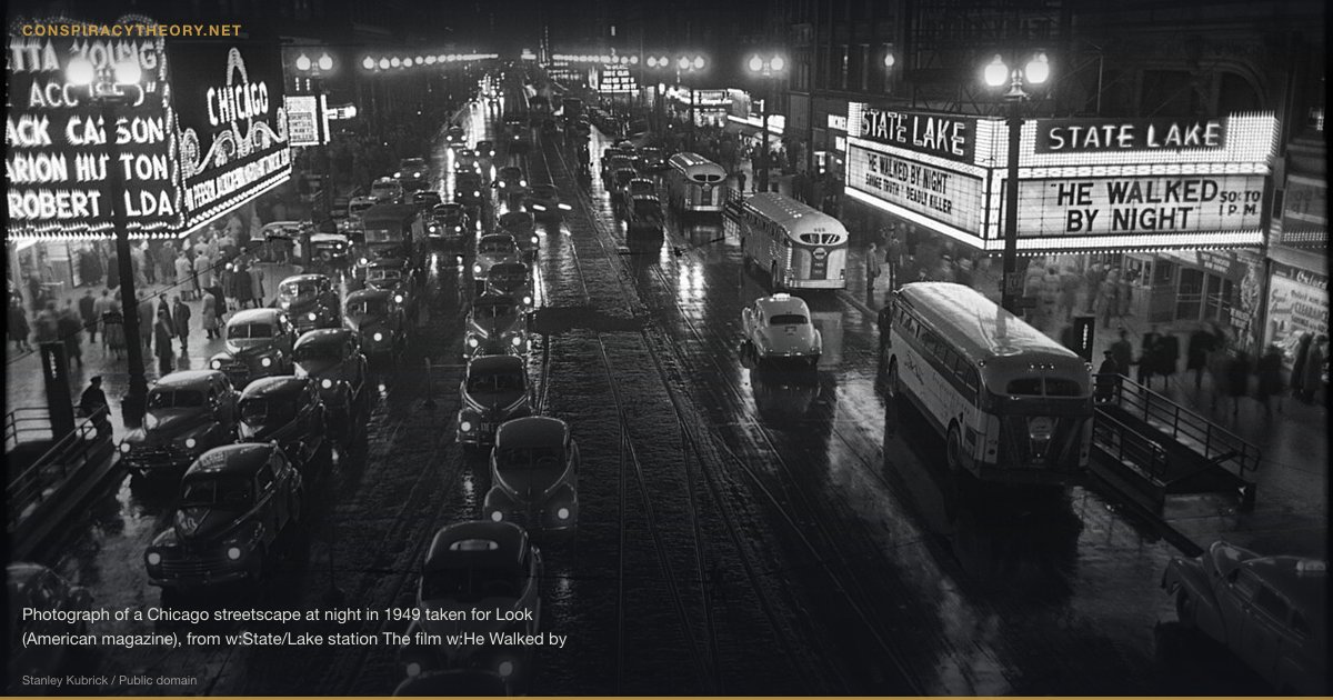 Stanley Kubrick Filmed the Moon Landing (1976) — Photograph of a Chicago streetscape at night in 1949 taken for Look (American magazine), from w:State/Lake station The film w:He Walked by Night (1948) is playing at the w:State-Lake Theater 190 North State Street The film w:The Accused (1949 film) is playing at the w:Chicago Theater 175 North State Street. w:State/Lake station w:Lake station (CTA) w:Chicago Loop related - File:Stanley Kubrick - Chicago Theatre cph.3d02346.jpg = People arriving at a Chicago theater for show starring, in person, w:Jack Carson, w:Marion Hutton, and w:Robert Alda