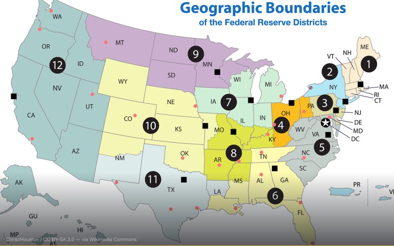 A map of the 12 districts of the United States Federal Reserve System, with the 12 Federal Reserve Banks marked as black squares and the 24 (total) Branches of these Federal Reserve Banks are marked as red circles. The Washington DC Headquarters is marked with a star. (Also, a 25th branch in Buffalo, NY had been closed in 2008.) — related to London Gold Pool -- Confirmed Price Fixing