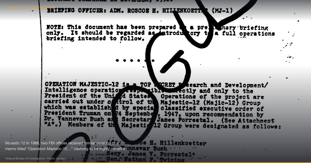 Majestic 12 — Alleged Secret Alien Government Committee (1984) — Majestic 12 In 1988, two FBI offices received similar versions of a memo titled “Operation Majestic-12…” claiming to be highly classified government document. The memo appeared to be a briefing for newly-elected President Eisenhower on a secret committee created to exploit a recovery of an extra-terrestrial aircraft and cover-up this work from public examination. An Air Force investigation determined the document to be a fake.