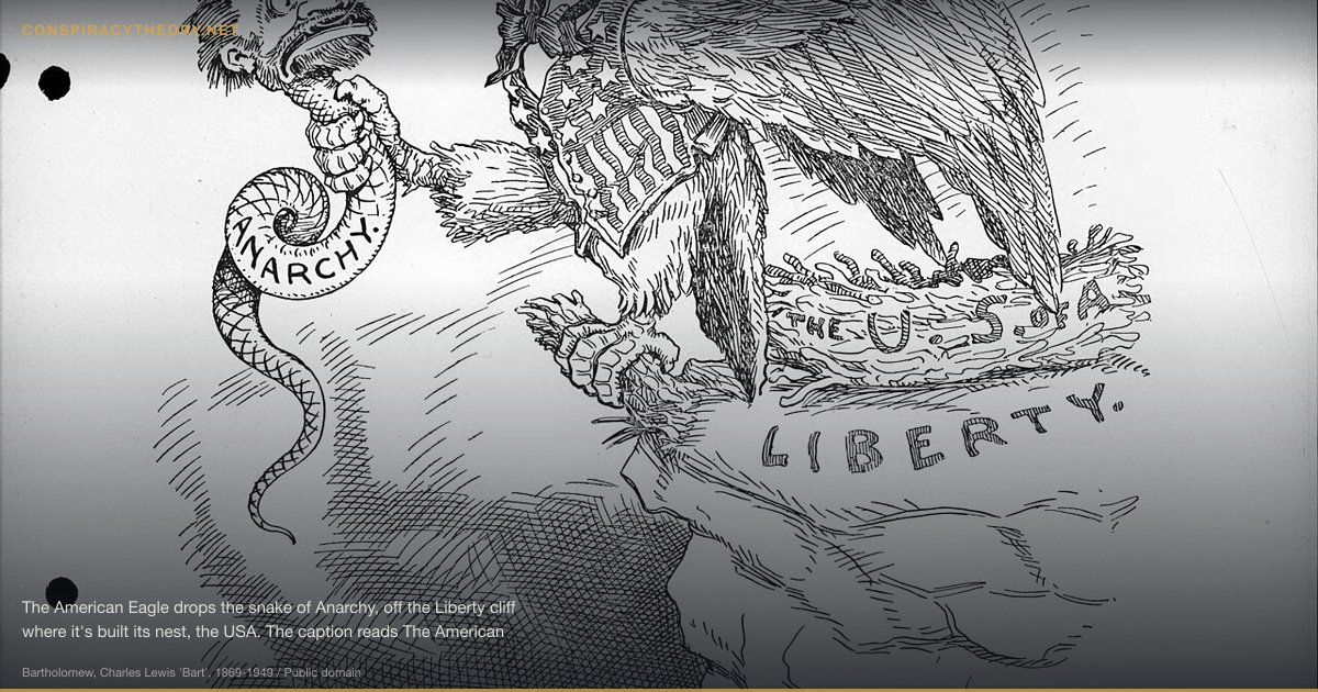 William McKinley Assassination Conspiracy (1901) — The American Eagle drops the snake of Anarchy, off the Liberty cliff where it's built its nest, the USA. The caption reads The American Eagle - There's no room for you in this nest. Contemporary news accounts relate that an Anarchist had attempted to assassinate President McKinley a few days prior, and there was debate over laws to prevent anarchists from speaking out.