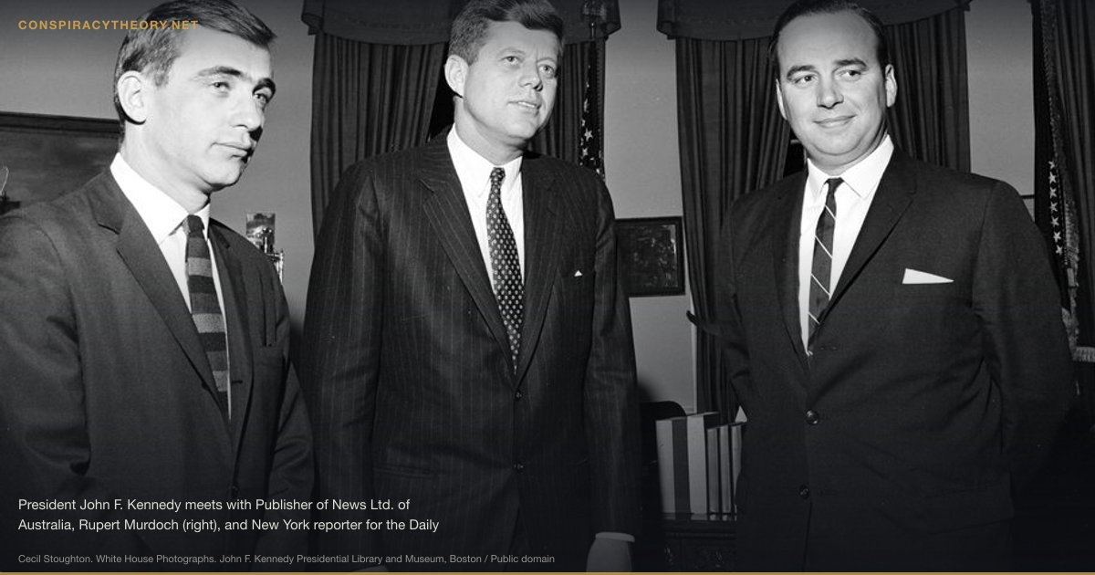 Elite Media Control Conspiracy (1988) — President John F. Kennedy meets with Publisher of News Ltd. of Australia, Rupert Murdoch (right), and New York reporter for the Daily Mirror, Zell Rabin. Oval Office, White House, Washington, D.C.