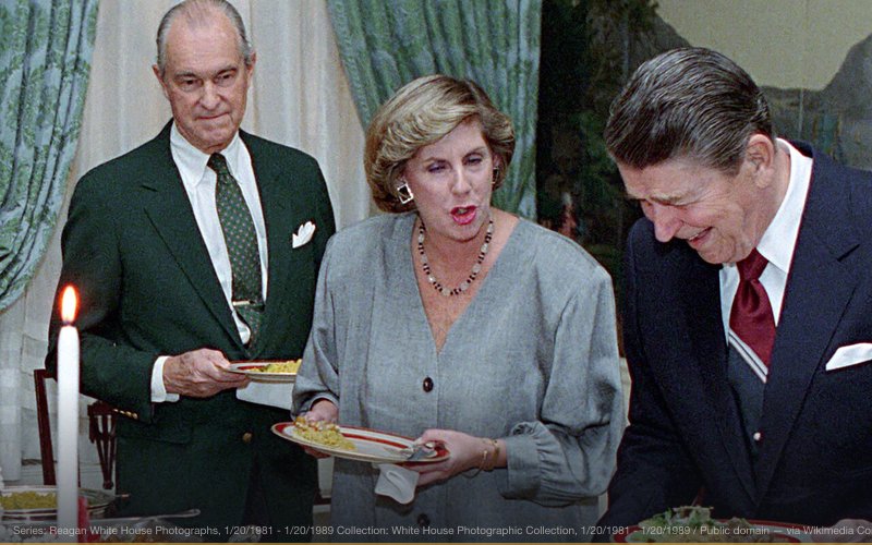 President Ronald Reagan During An Election Night Private Party in The Presidents Dining Room with Richard Helms Sarah Brady and Mary Jane Wick, 11/8/1988 — related to MKSEARCH — CIA Post-MKUltra Drug Research