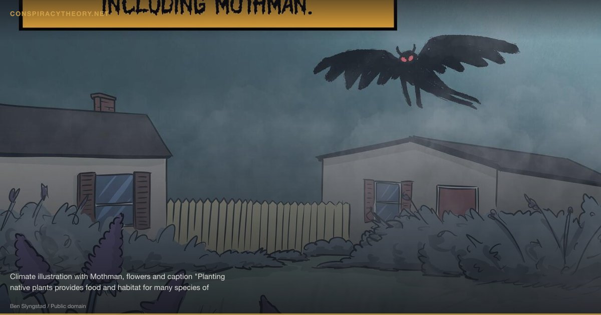 Mothman — Point Pleasant, West Virginia (1966) — Climate illustration with Mothman, flowers and caption "Planting native plants provides food and habitat for many species of pollinators, including mothman."