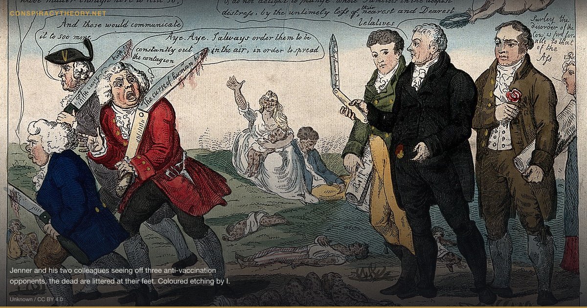 Vaccine-Induced Myocarditis Conspiracy (2021) — Jenner and his two colleagues seeing off three anti-vaccination opponents, the dead are littered at their feet. Coloured etching by I. Cruikshank, 1808. The caption at the base of the picture reads "VACCINATION against SMALLPOX or Mercenary & Merciless spreaders of Death & Devastation driven out of society!" Three sinister men carrying bloody knives skulk away in defeat from the heroic Jenner and his allies. The shortest agent of disease grumbles: "Curse on these Vaccinators / we shall all be starved, why Brother I have matter enough here to Kill 50." The tallest extrapolates: "And those would communicate it to 500 more." The third, whose knife reads "The curse of human kind", agrees: "Aye. Aye. I always order them to be constantly out in the air, in order to spread the contagion". Jenner, brandishing a knife reading "milk of human kindness", beseeches: "Oh Brothers Brothers, suffer the love of Gain to be Overcome by compassion for your fellow creatures, & do not delight to plunge whole Famileis [sic] in the deepest distress, by the untimely loss of their nearest and Dearest relatives." A cherub places a wreath on his head while declaring: "The preserver of the Human Race". A bystander quips "Surely the disorder of the Cow is preferable to that of the Ass." Iconographic Collections Keywords: cruikshank, isaac {1756?-1811?; Edward Jenner; Isaac Cruikshank; Thomas Dimsdale; George Rose; SATIRE