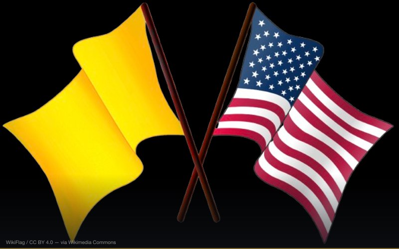 Gold flag waving with American Flag (associated with American Libertarianism) — related to NAFTA Superhighway — North American Union Conspiracy