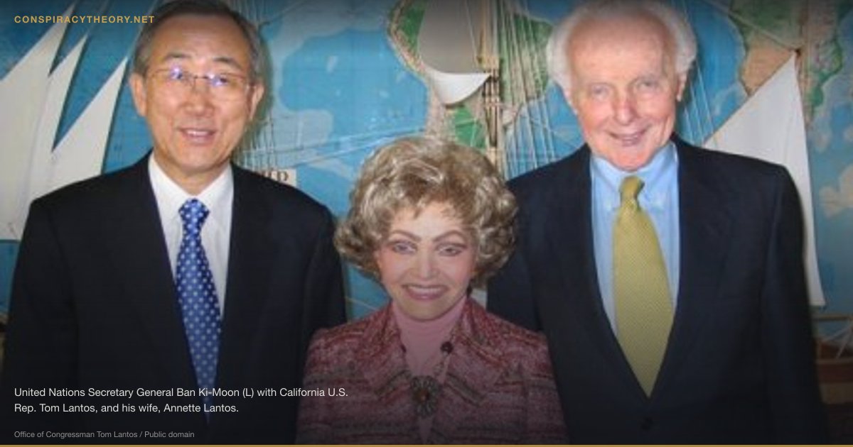 Nayirah Testimony — The Staged Kuwait Baby-Murder Story (1990-10-10) — United Nations Secretary General Ban Ki-Moon (L) with California U.S. Rep. Tom Lantos, and his wife, Annette Lantos.