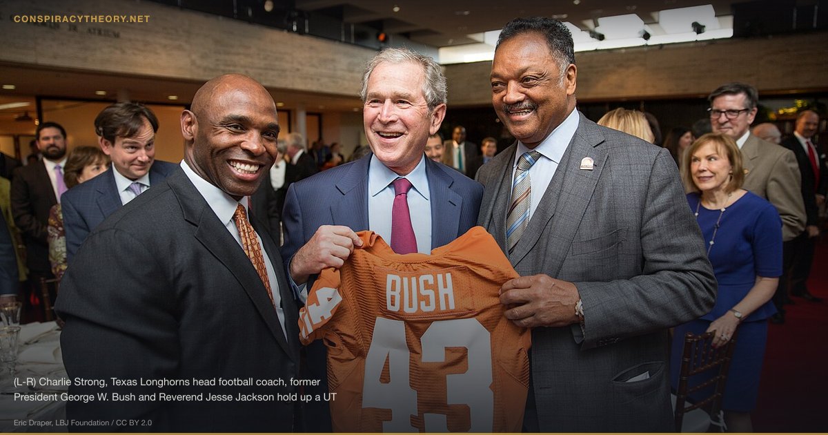 Niger Uranium Forgeries & Iraq WMD (2001) — (L-R) Charlie Strong, Texas Longhorns head football coach, former President George W. Bush and Reverend Jesse Jackson hold up a UT football jersey at the LBJ Presidential Library in 2014.