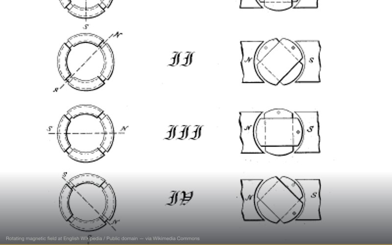 A rotating magnetic field is a magnetic field which periodically changes direction. This is a key principle to the operation of alternating-current motor. In 1882, Nikola Tesla identified the concept of the rotating magnetic field. In 1888, Tesla gained U.S. Patent 381968 for his work. .... — related to Nikola Tesla Was Murdered for His Secrets
