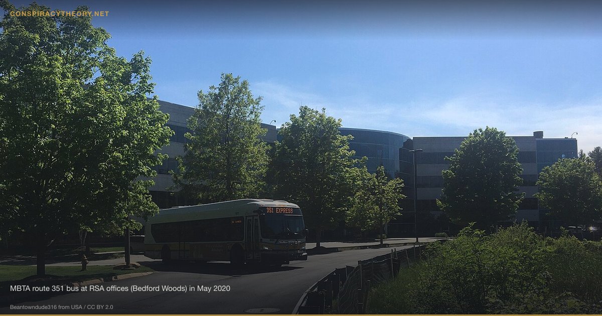 NSA Backdoors in Encryption Standards (Dual EC DRBG) (2006) — MBTA route 351 bus at RSA offices (Bedford Woods) in May 2020