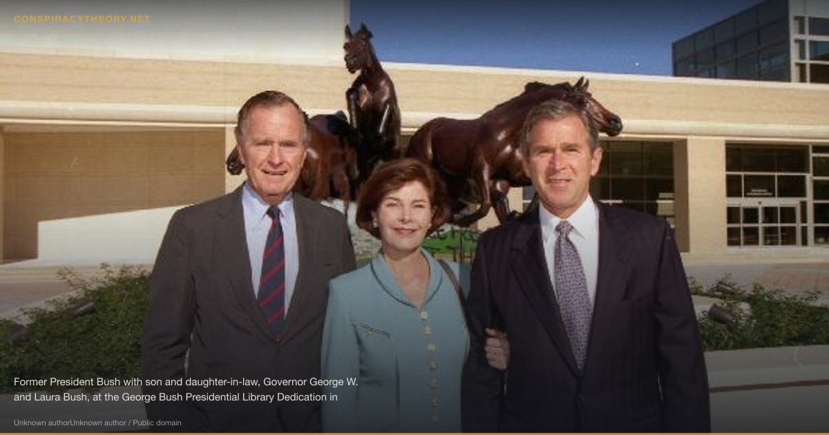 NSA Warrantless Wiretapping — Pre-Snowden Surveillance (2001) — Former President Bush with son and daughter-in-law, Governor George W. and Laura Bush, at the George Bush Presidential Library Dedication in College Station, Texas