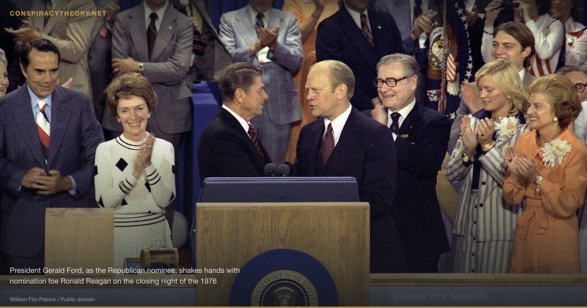 October Surprise — 1980 Iran Hostage Deal (1980) — President Gerald Ford, as the Republican nominee, shakes hands with nomination foe Ronald Reagan on the closing night of the 1976 Republican National Convention. Vice-Presidential Candidate Bob Dole is on the far left, then Nancy Reagan, Governor Ronald Reagan is at the center shaking hands with President Gerald Ford, Vice-President Nelson Rockefeller is just to the right of Ford, followed by Susan Ford and First Lady Betty Ford.